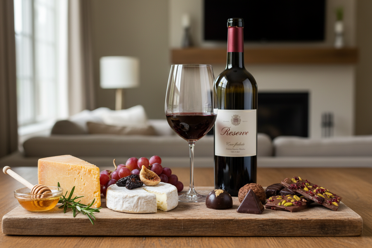 cheese and wine paired with artisan chocolate